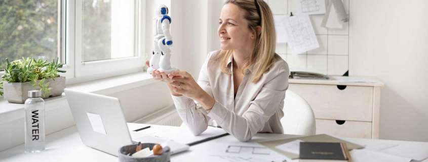 Darstellung einer Frau im Home Office mit einem Roboter