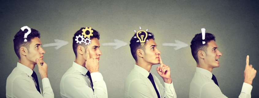 4x selber Mann mit Denkprozess eingezeichnet