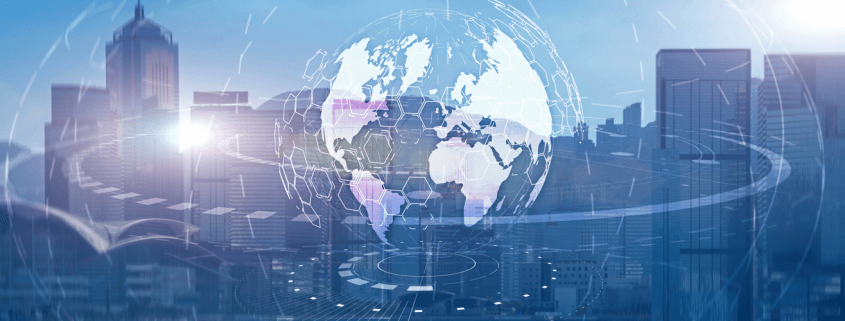 Holo Weltkugel und Skyline im Hintergrund