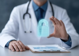 Ein Arzt im weißen Kittel mit Stetoskop zeigt ein digitales Schloss als Symbol für Datensicherheit