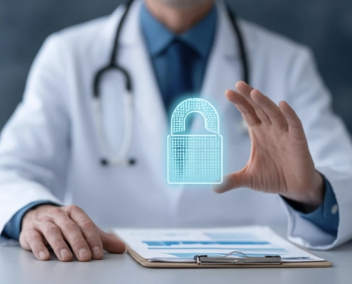 Ein Arzt im weißen Kittel mit Stetoskop zeigt ein digitales Schloss als Symbol für Datensicherheit